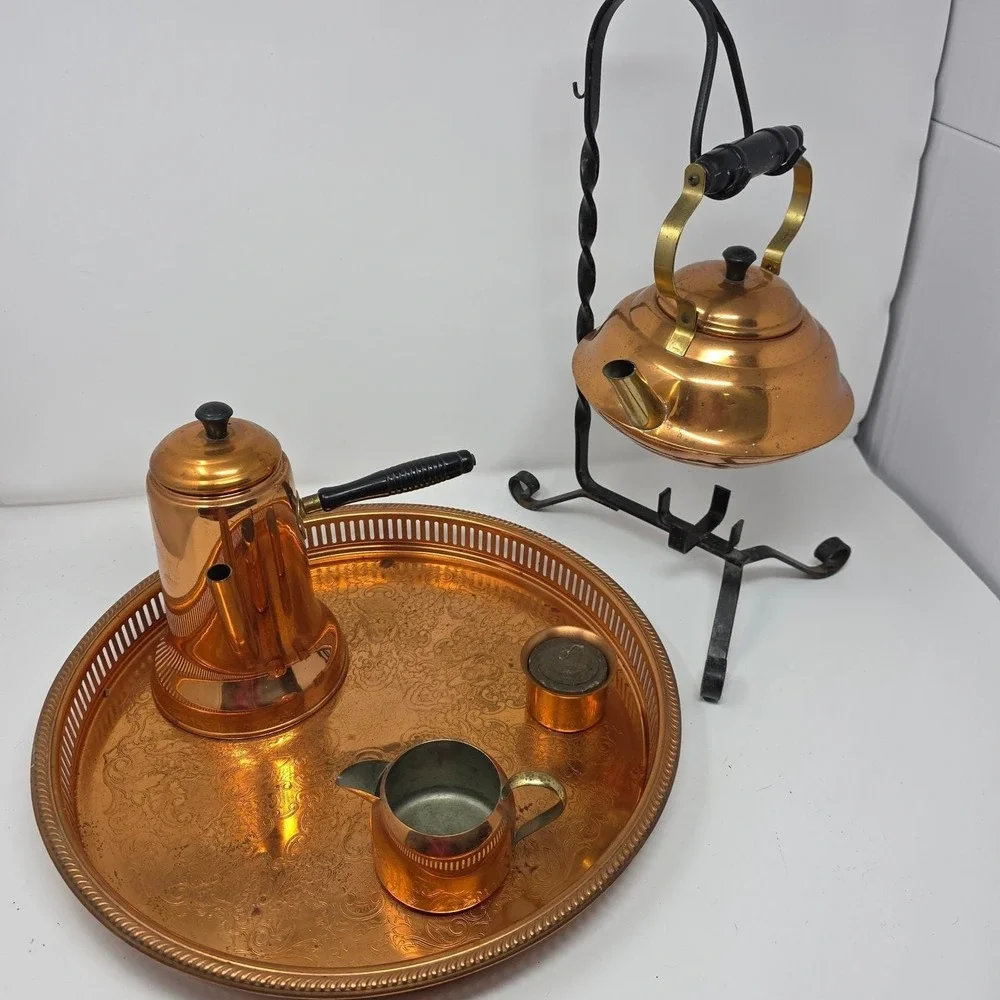 Coppercraft Guild Tea Coffee Set Copper Brass Iron Stand Tray Vintage 6pc Set